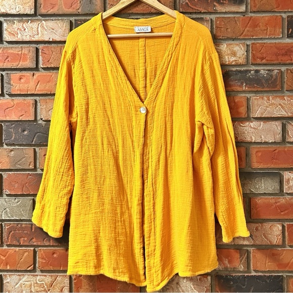 ABACÁ Crinkle Cotton Gauze Mustard Yellow Tunic Top Boho Oversized Button Front - Picture 3 of 7